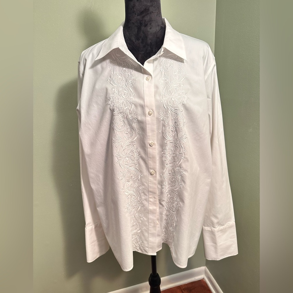 Investments White Embroidered Women's Button Down Shirt Plus Size 20W
